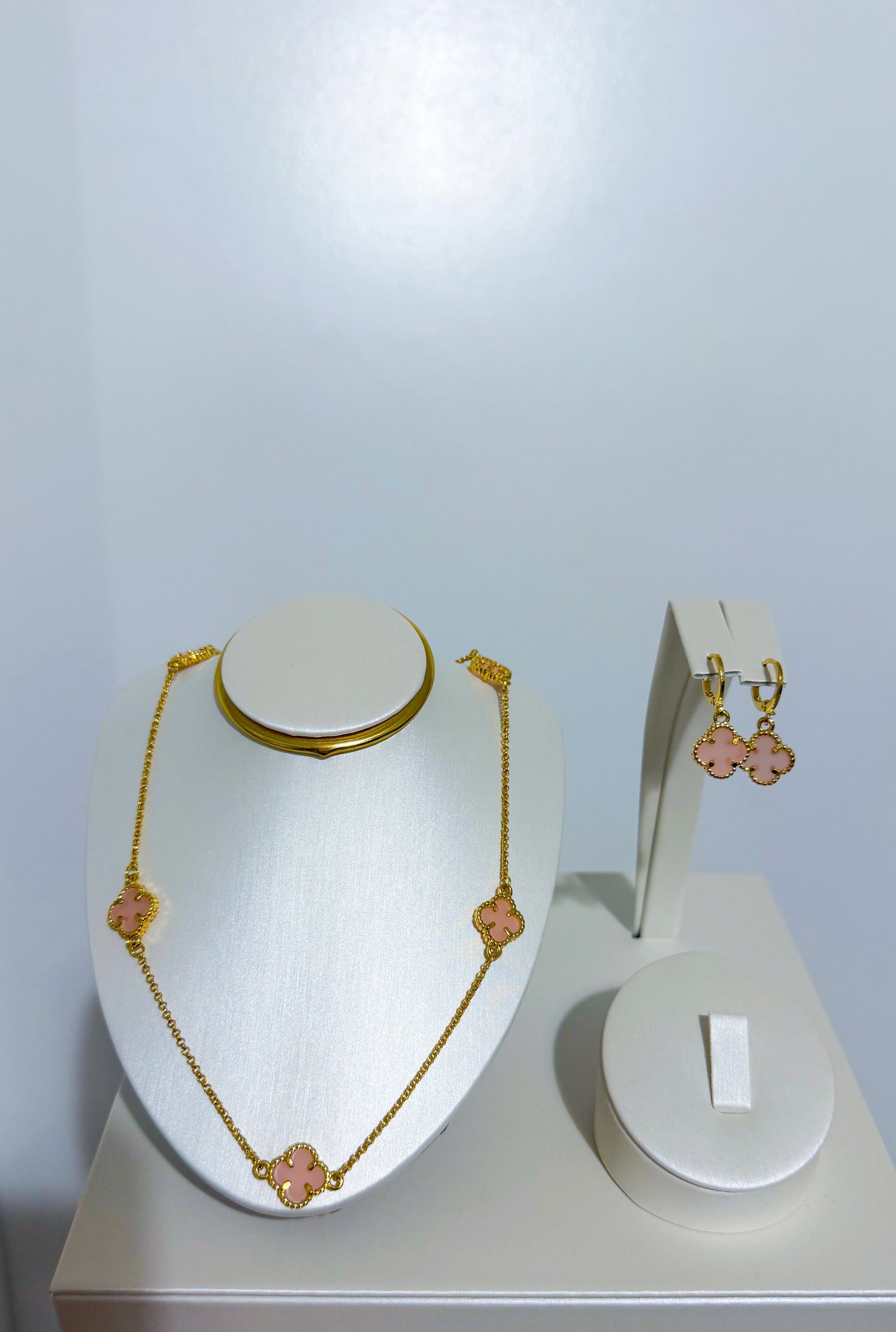 Gold Plated Necklace and Earrings Set with pink Clover