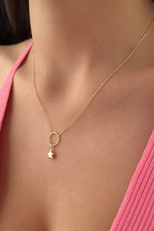 14ct Gold Chunky Star in Hoop Dangling Necklace
