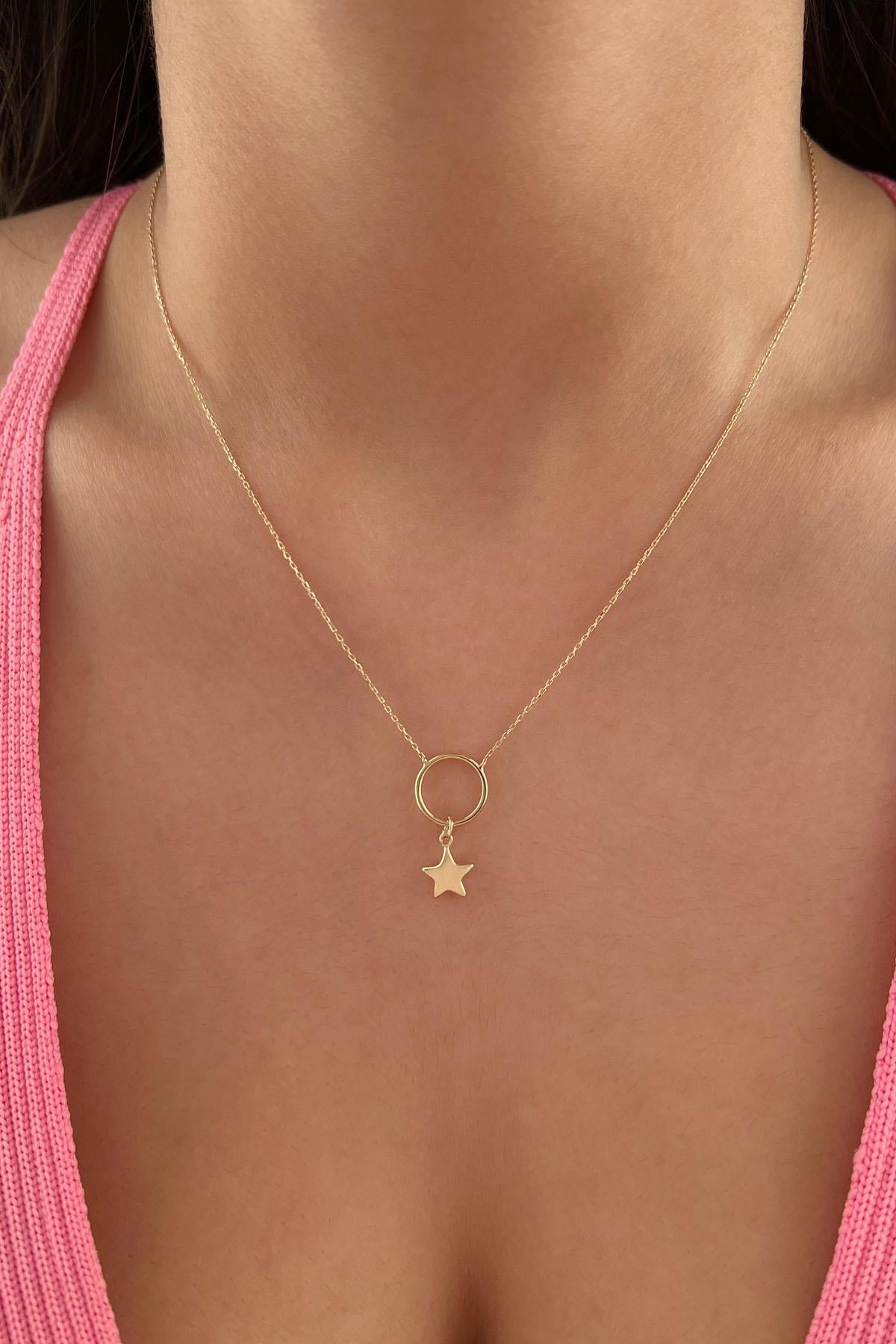 14ct Gold Chunky Star in Hoop Dangling Necklace