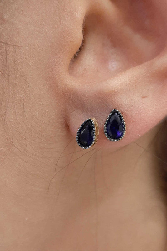 14ct Gold Sapphire Stone Drop Shape Stud Earrings