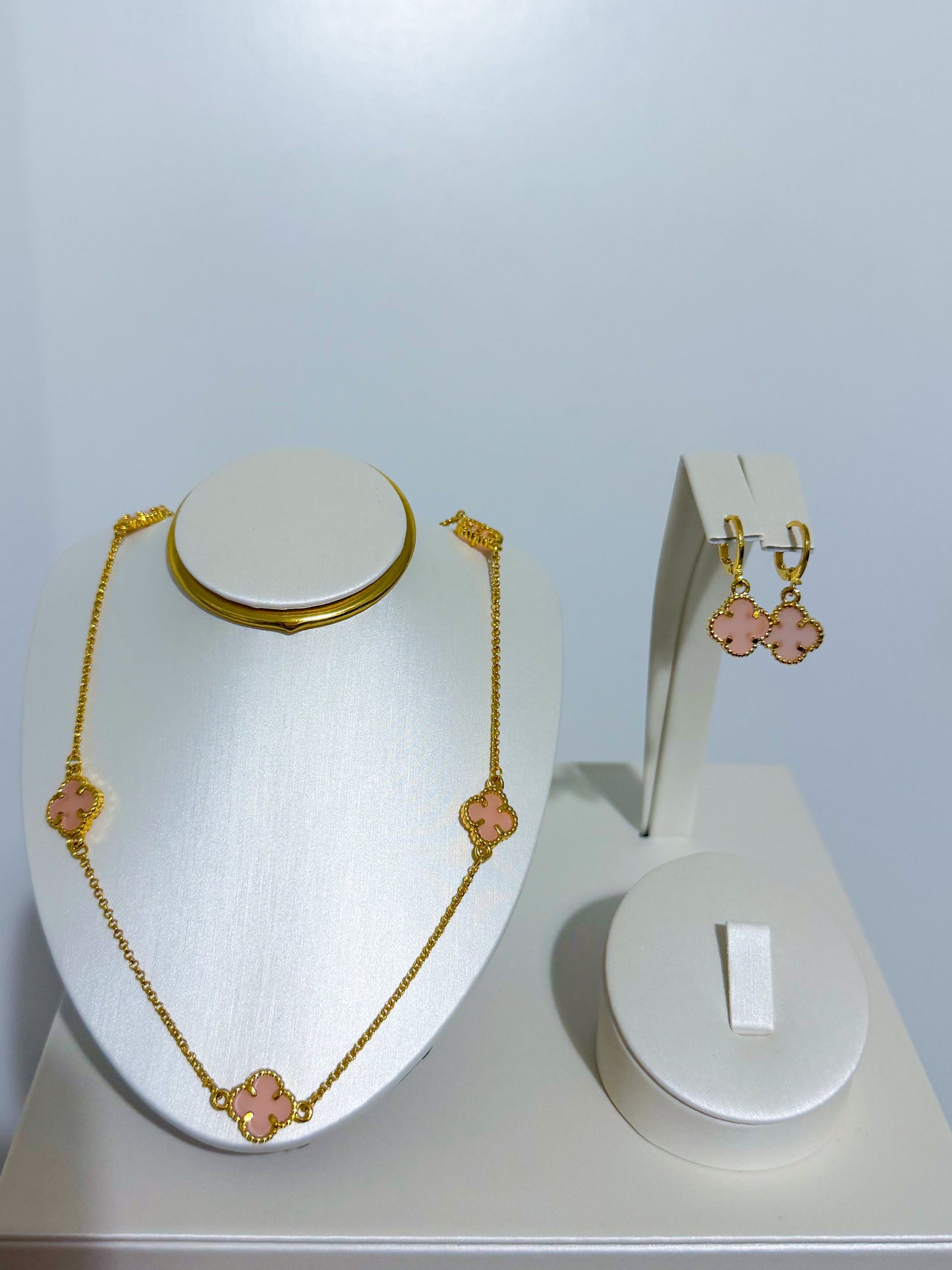 Gold Plated Necklace and Earrings Set with pink Clover