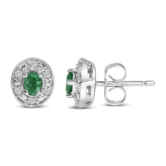14K White Gold Oval Green Emerald and 1/10 Cttw Diamond Halo Stud Earrings  (I-J Color, I1-I2 Clarity)