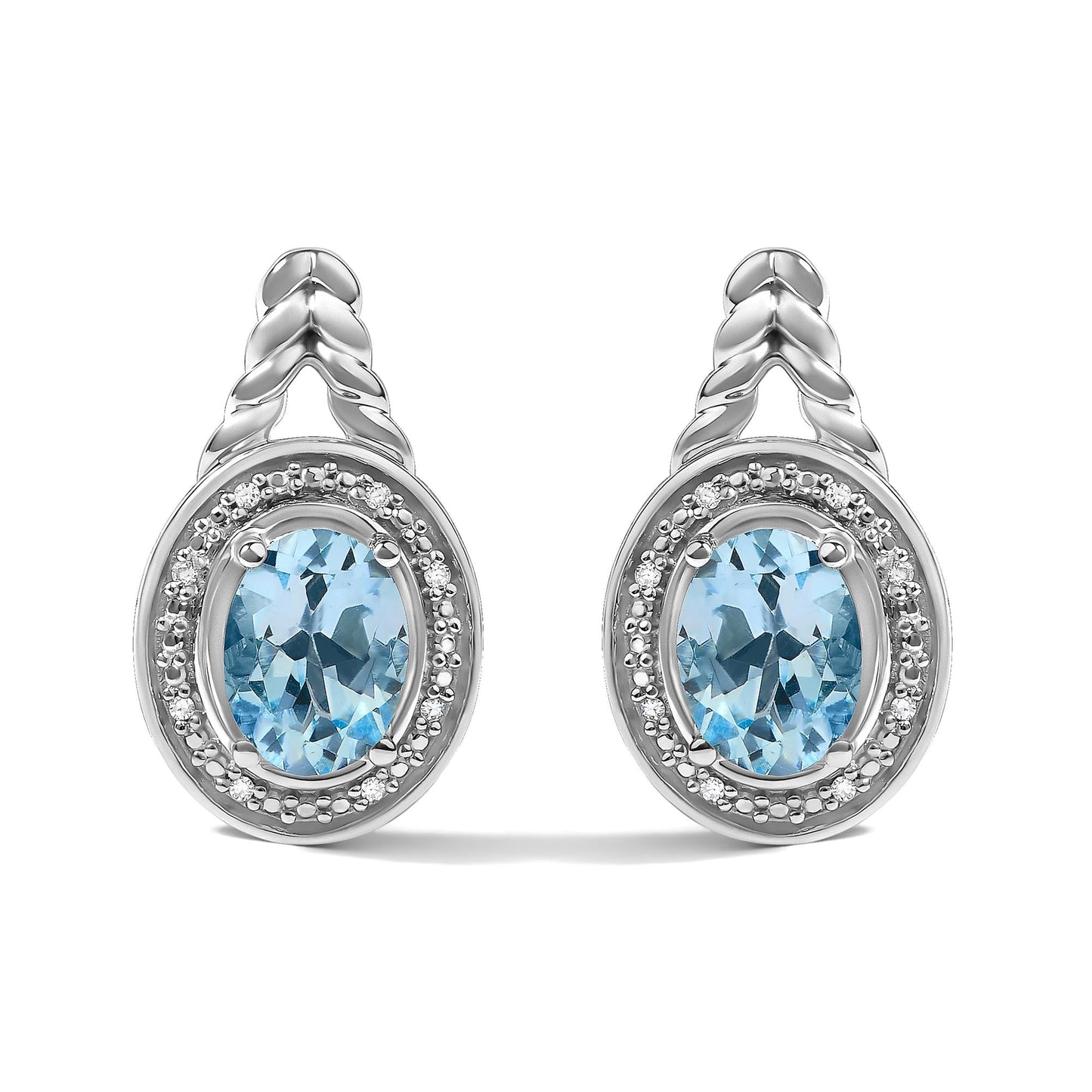 Sterling Silver Oval Blue Topaz and Diamond Accent Twist and Halo Drop Earrings