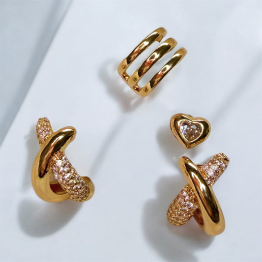 Earrings gold plated + Clip on earrings + Solitaire Earrings