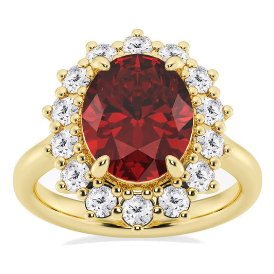 AGI Certified 3CTW Oval Lab Ruby Princess Diana Engagement Ring With Lab Diamond Halo in Choice of 14K White or Yellow Gold – 9x7mm