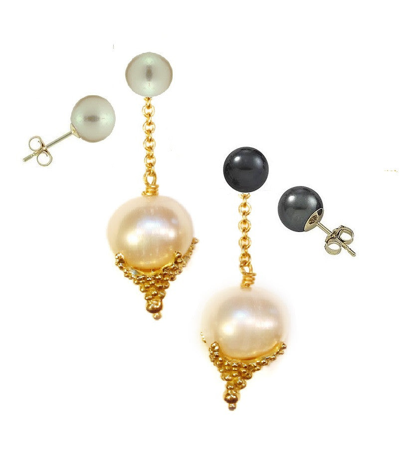 Pearl Drop Earrings-Small Dots in 18K Gold-1